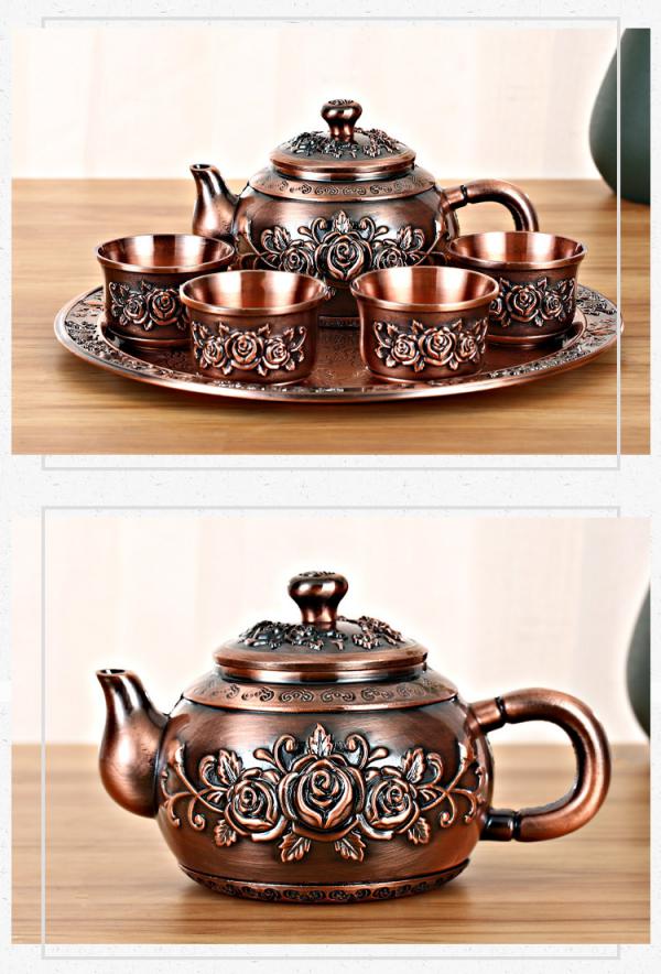 欧式复古红铜玫瑰花茶具6件套